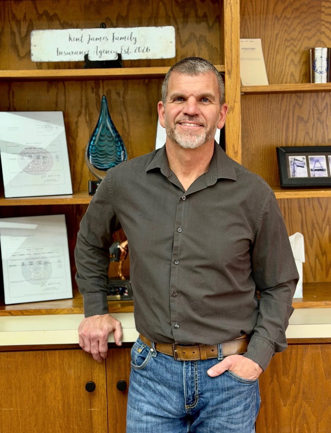Kent James at the Lawton Insurance office